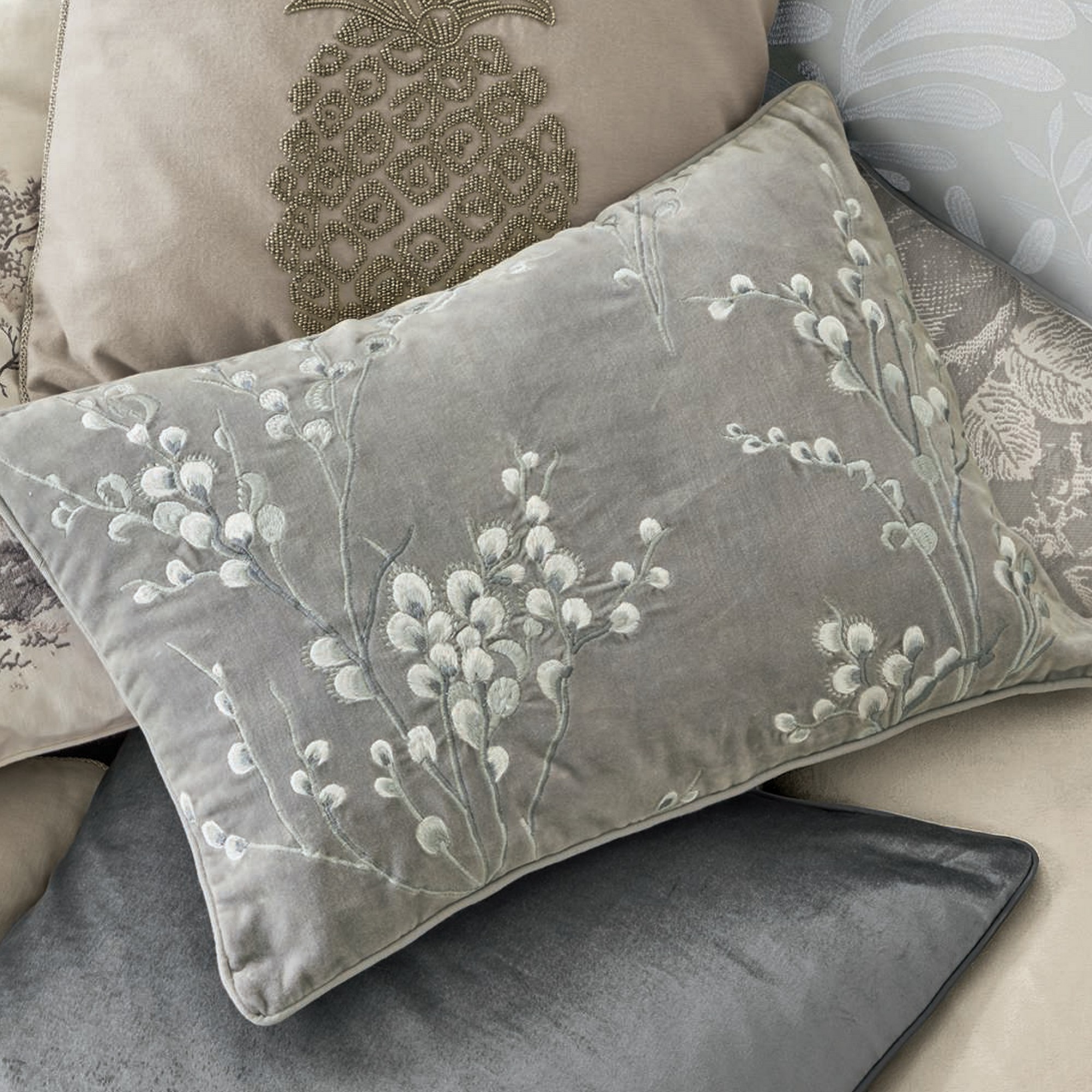 Pussy Willow Floral Cushion By Laura Ashley In Steel Grey